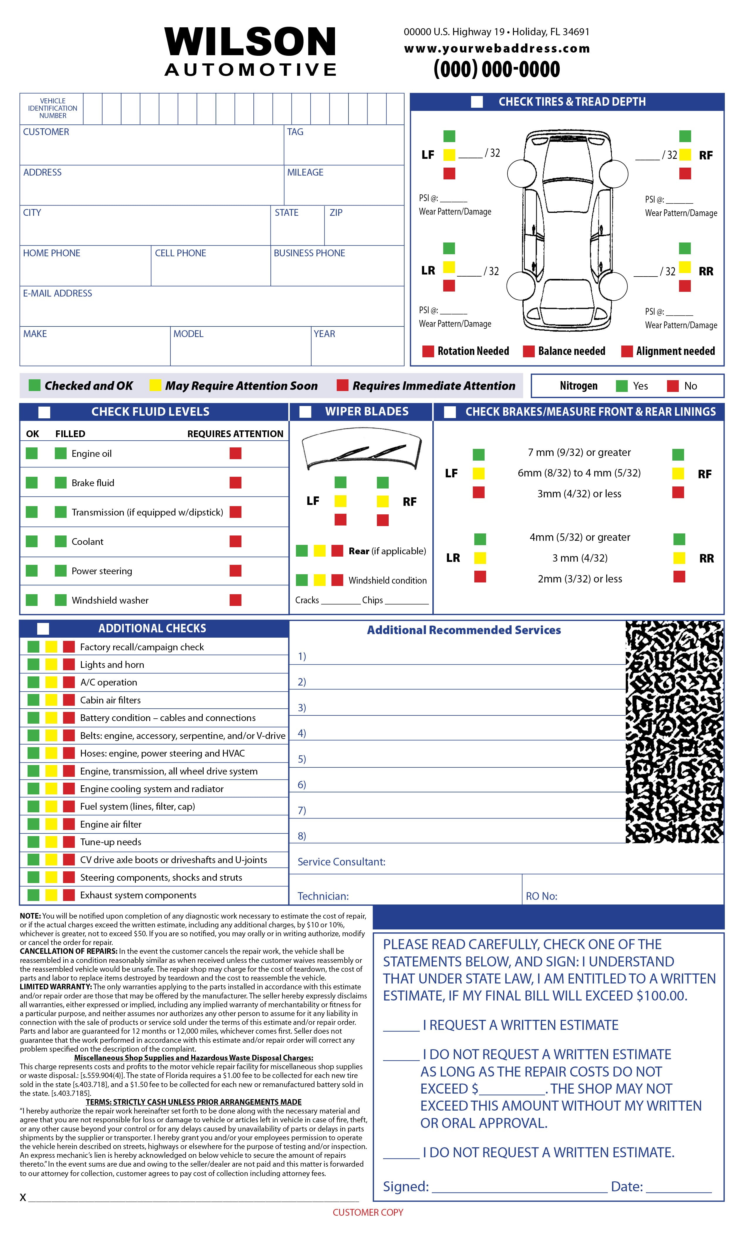 Auto Repair Inspection Form Sample Wilson Printing USA Wilson Printing USA