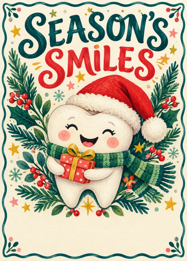 Illustrative dental Christmas card with a smiling tooth in a Santa hat and Season’s Smiles lettering.