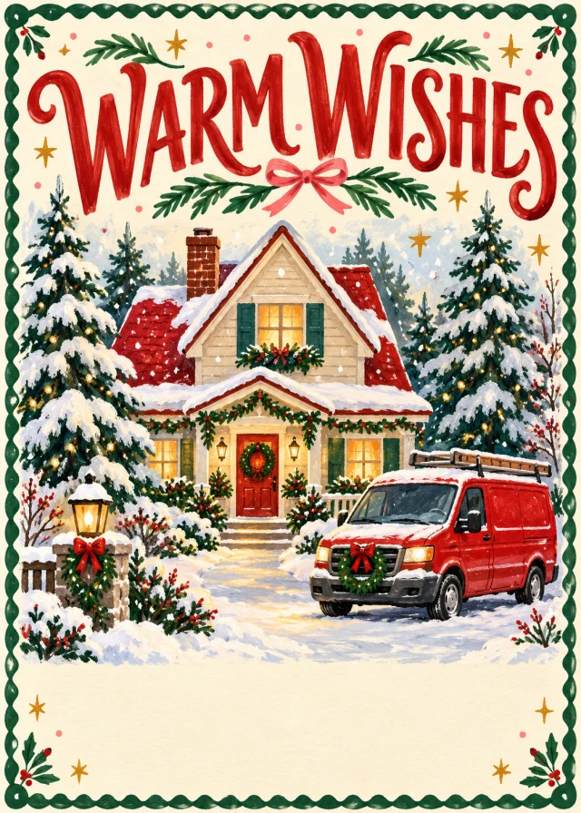 Illustrative home-services Christmas card with a festive house, red service van and Warm Wishes lettering.