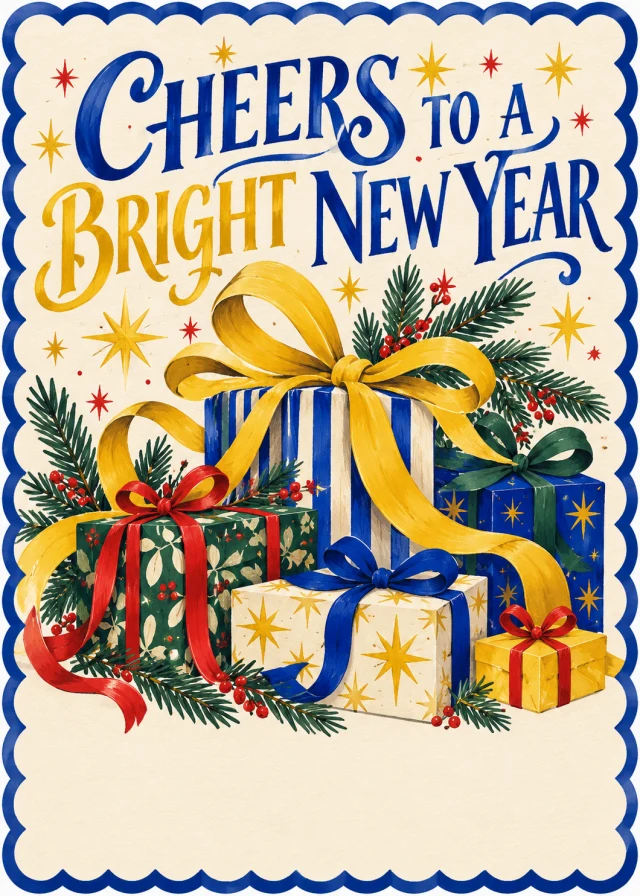 Illustrative professional-services Christmas card with colorful presents and Cheers to a Bright New Year lettering.