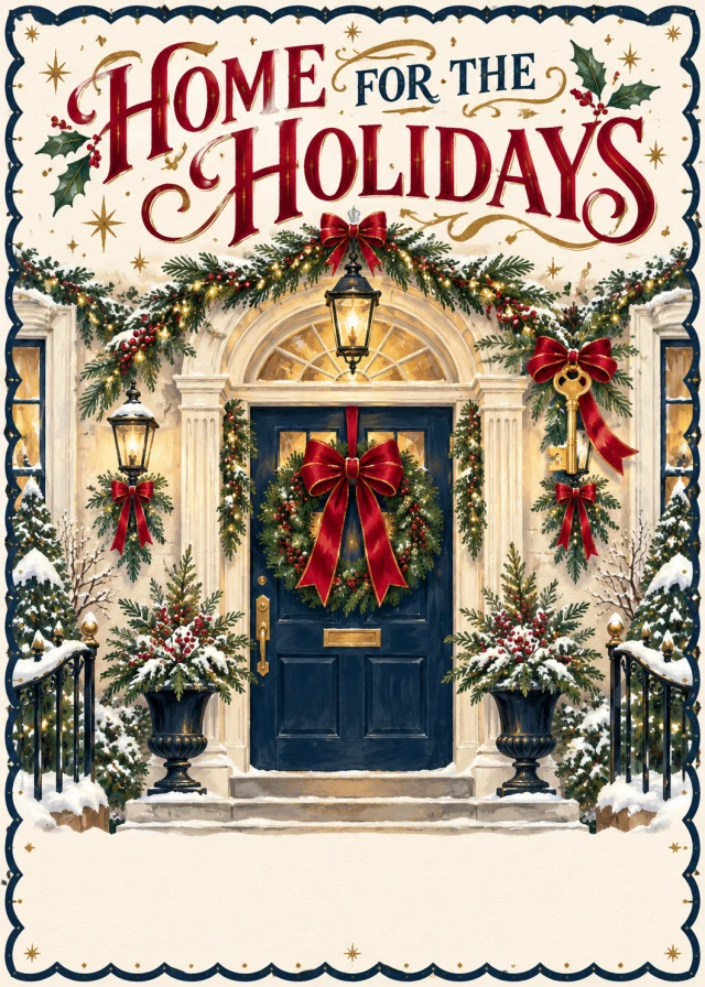 Illustrative real-estate Christmas card with a festive front door, gold key and Home for the Holidays lettering.