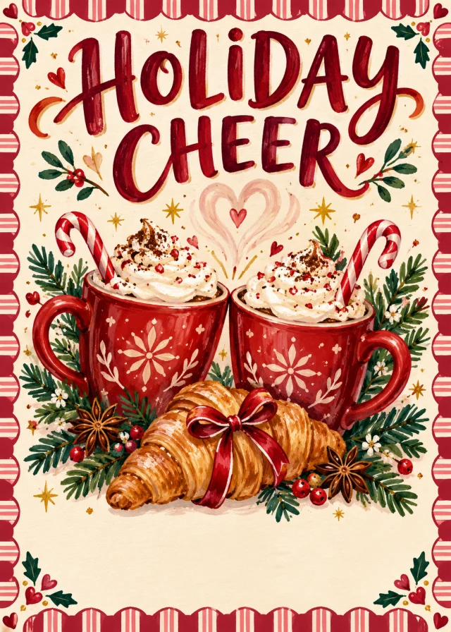 Illustrative café Christmas card with festive mugs, a croissant and Holiday Cheer lettering.
