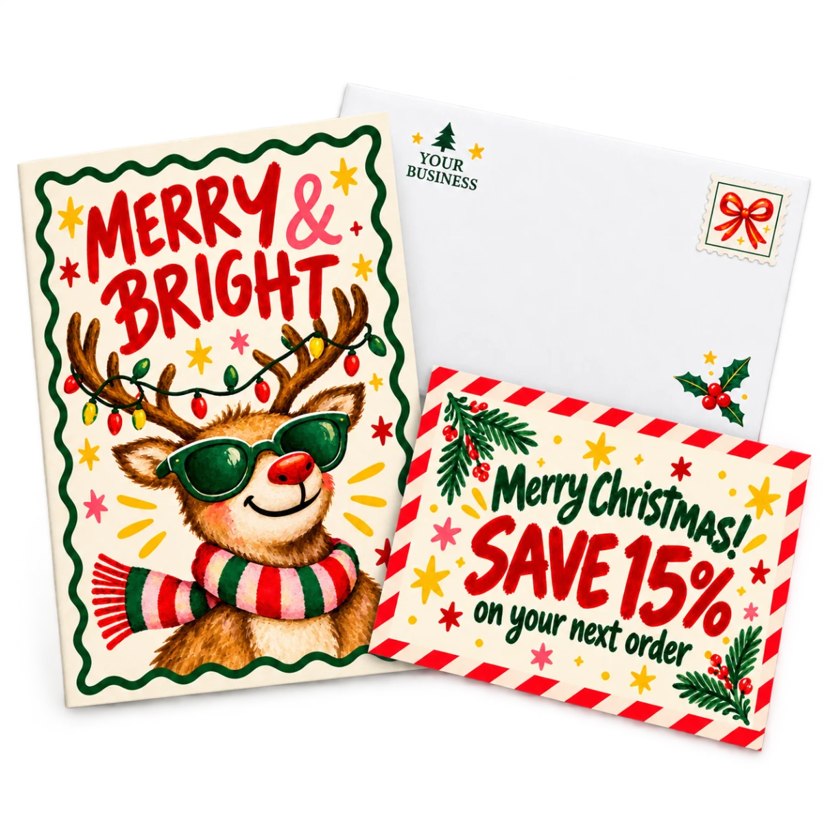 An illustrative Merry & Bright reindeer card, a sample Merry Christmas insert offering 15% off a next order, and a white custom printed envelope.