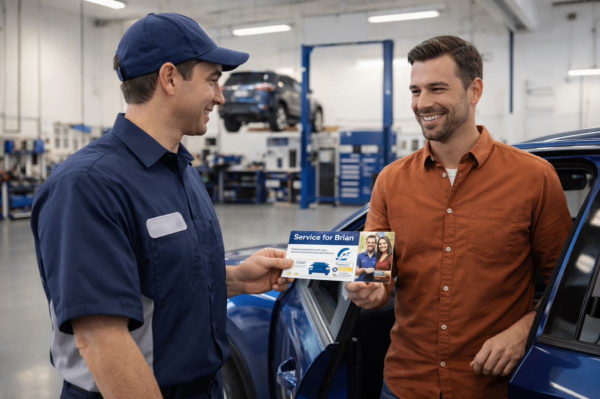 Automotive service reminder postcard promoting maintenance services to car owners