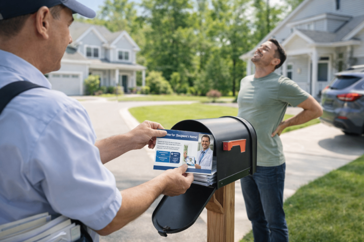 Chiropractic saturation mailing postcard delivered to neighborhood mailbox targeting local residents