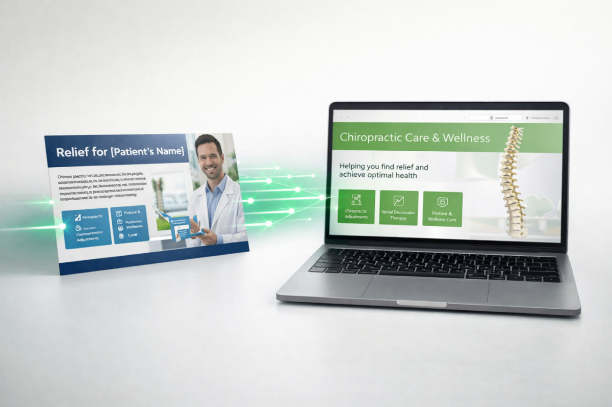 Chiropractic marketing combining direct mail postcard with digital follow-up ads for patient acquisition