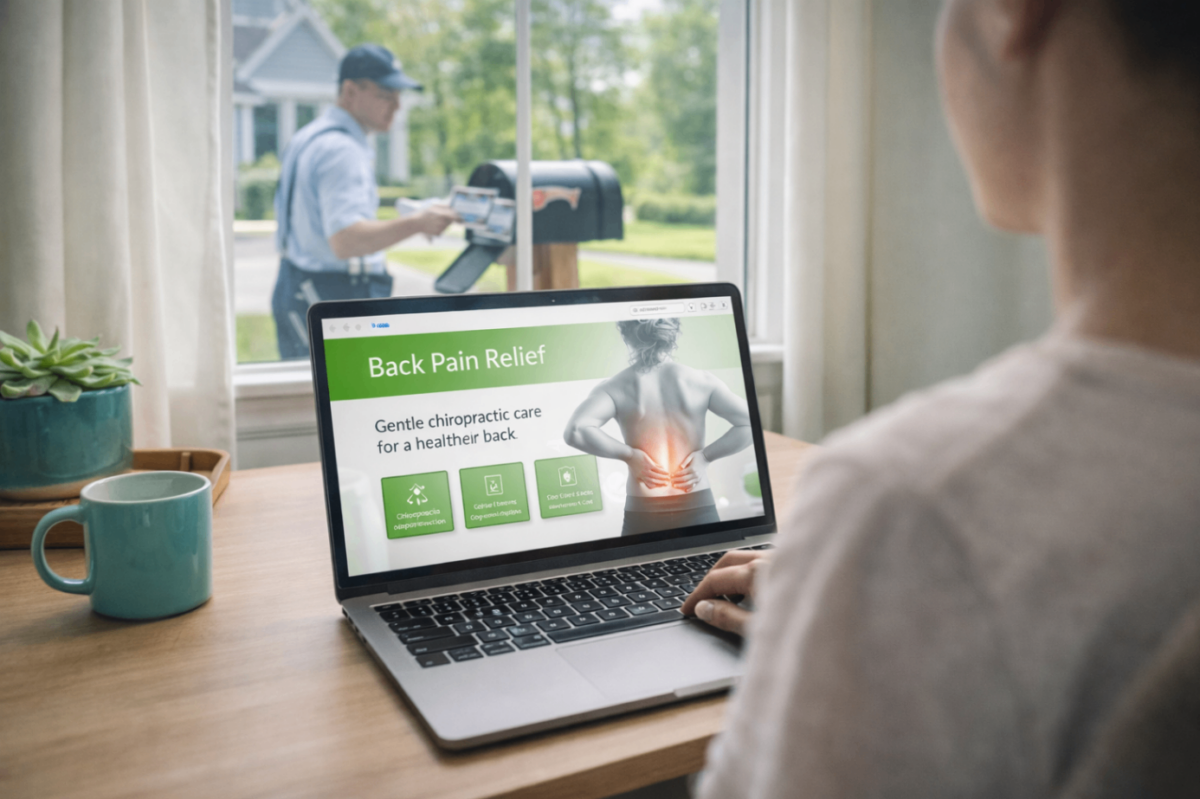 Chiropractic website visitor receives follow-up postcard after browsing back pain treatment services
