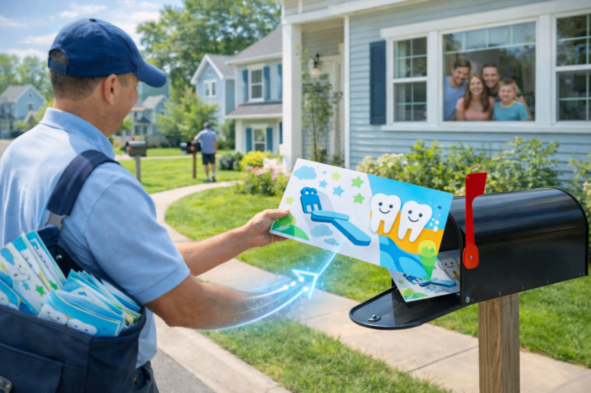 Dental saturation mailing postcard delivered to neighborhood mailbox targeting local households