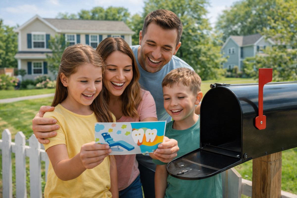 Family reviewing dentist new patient mailer with introductory offer at home mailbox