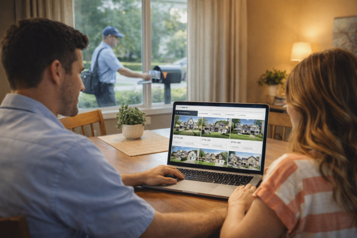 Real estate website visitor receives follow-up postcard after browsing home listings online