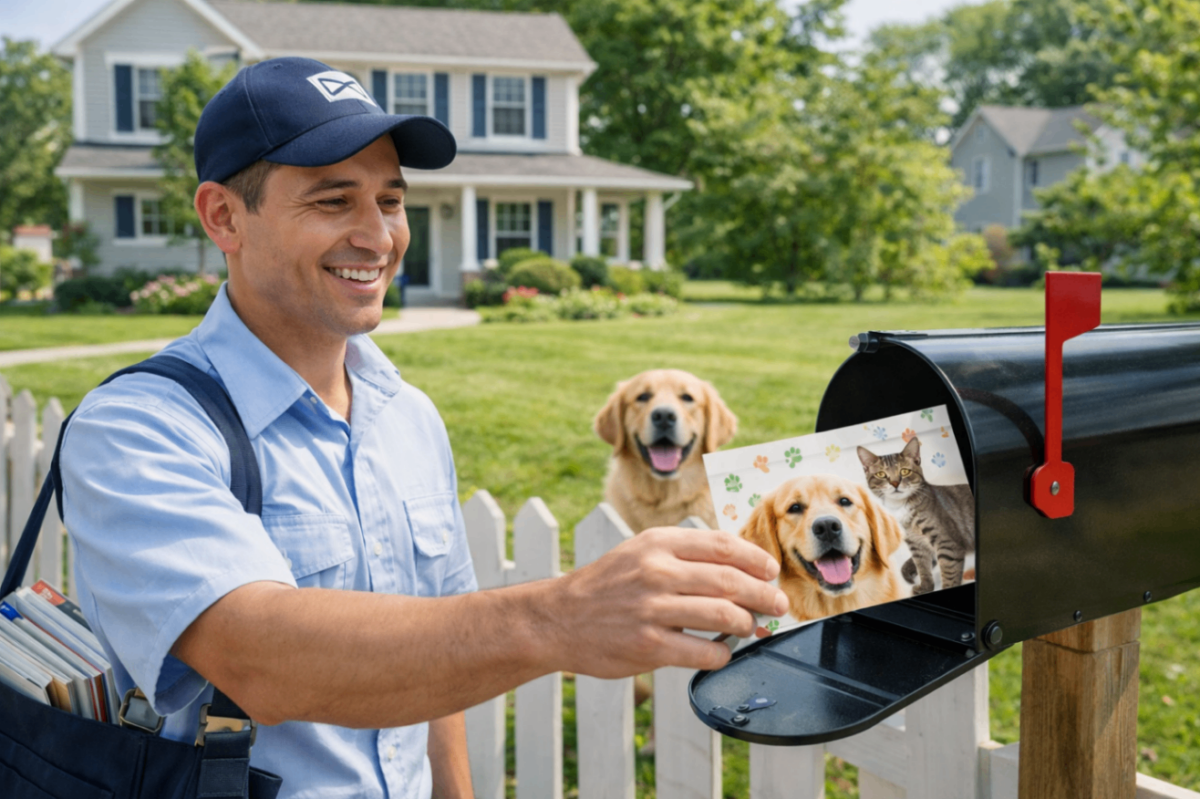Veterinary saturation mailing postcard delivered to neighborhood mailbox with pet imagery