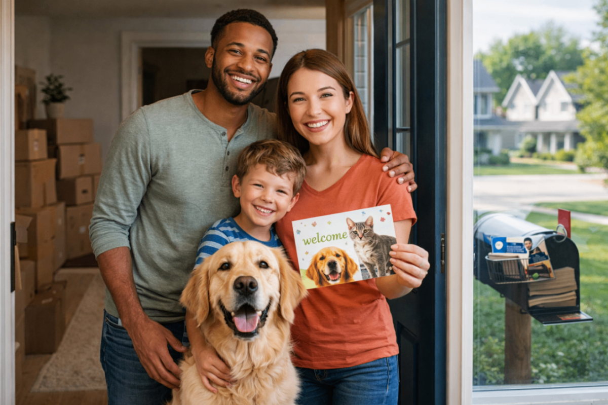 Family with dog receiving new mover direct mail promoting local veterinary services