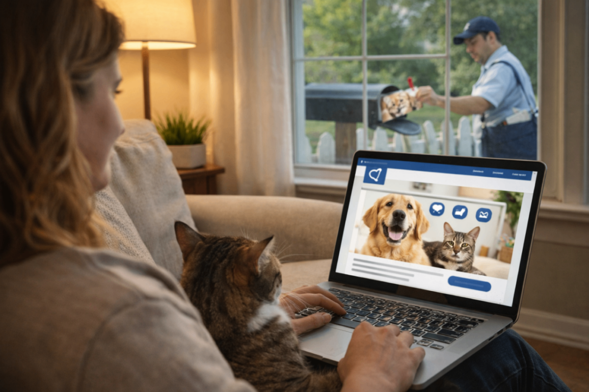 Pet owner browsing veterinary website while receiving targeted follow-up direct mail